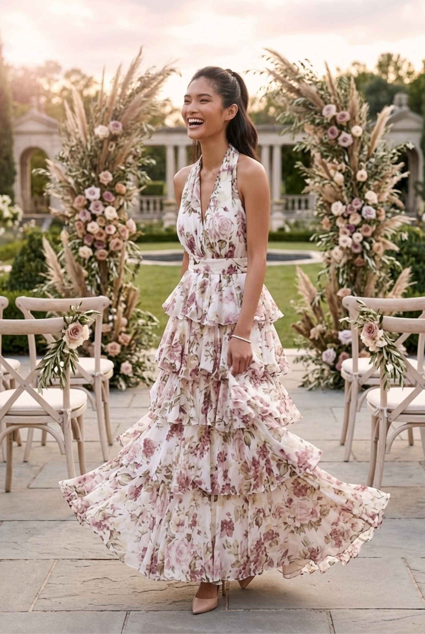 Virtual Model wearing The Anastasia Dress Halter Tie Mauve Chiffon Dress