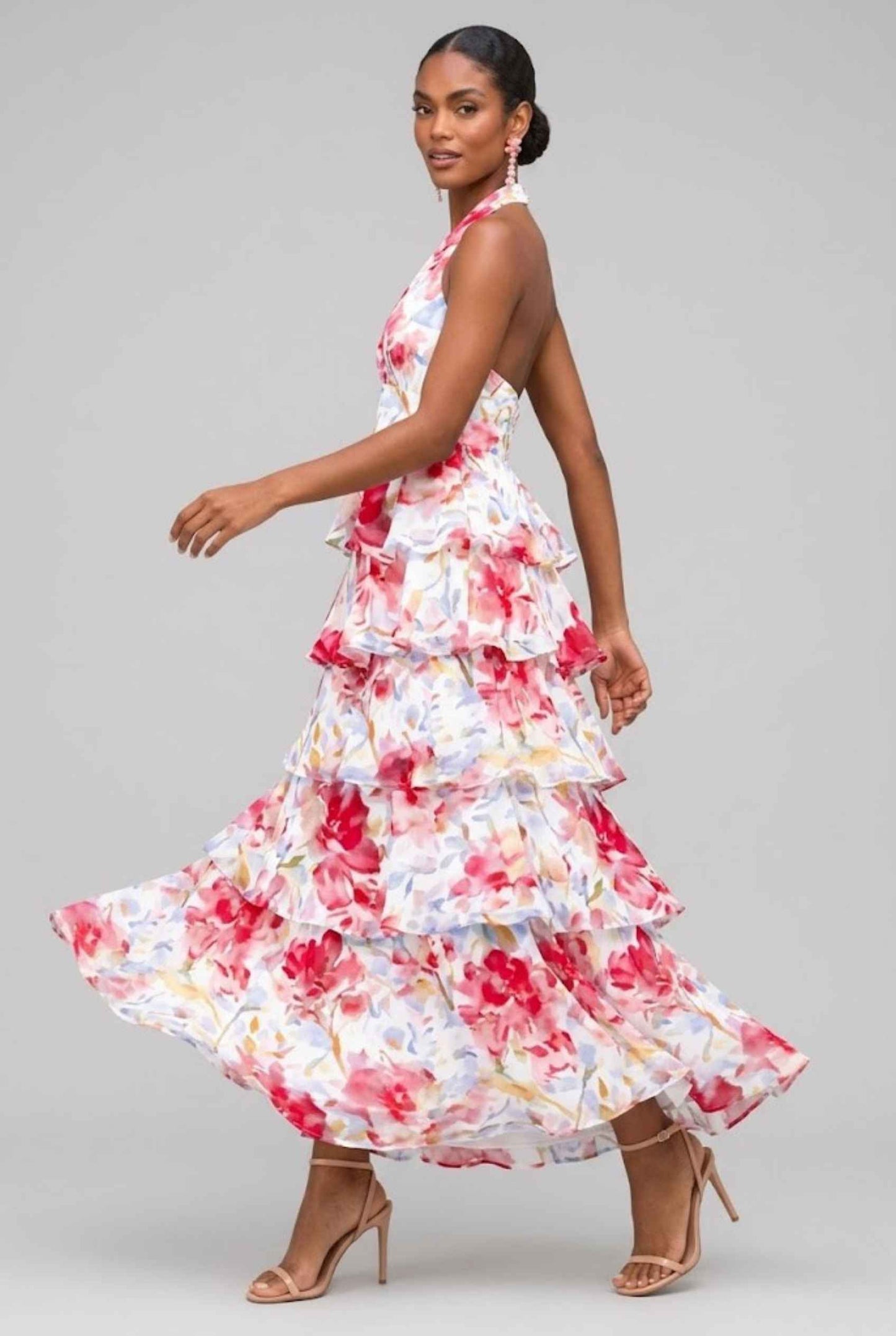 Virtual Model wearing The Anastasia Tiered Dress Halter Tie Red Chiffon Dress