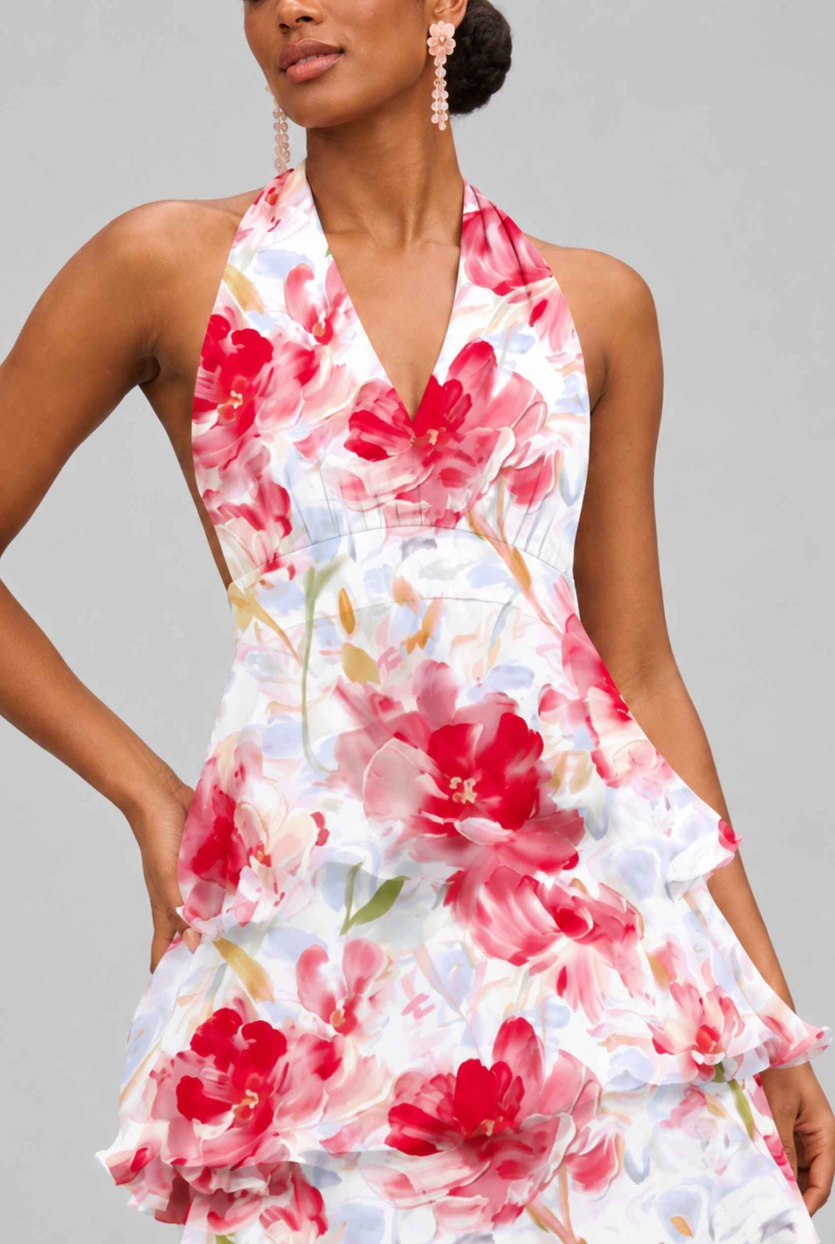 Virtual Model wearing The Anastasia Tiered Dress Halter Tie Red Chiffon Dress