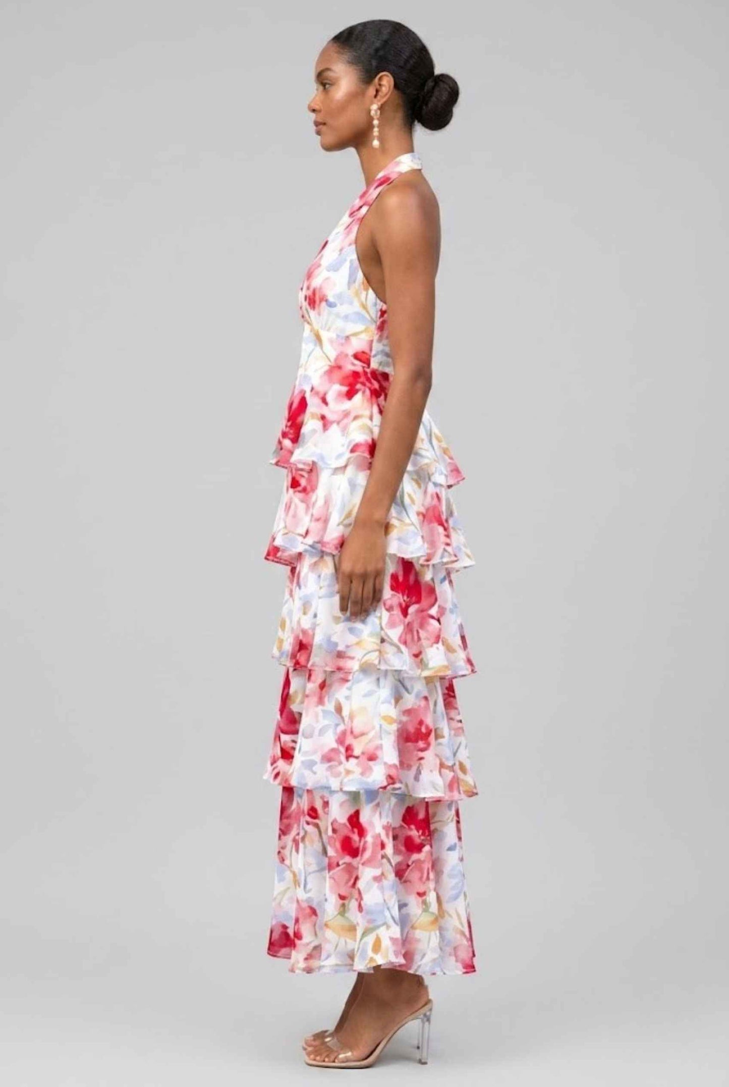 Virtual Model wearing The Anastasia Tiered Dress Halter Tie Red Chiffon Dress