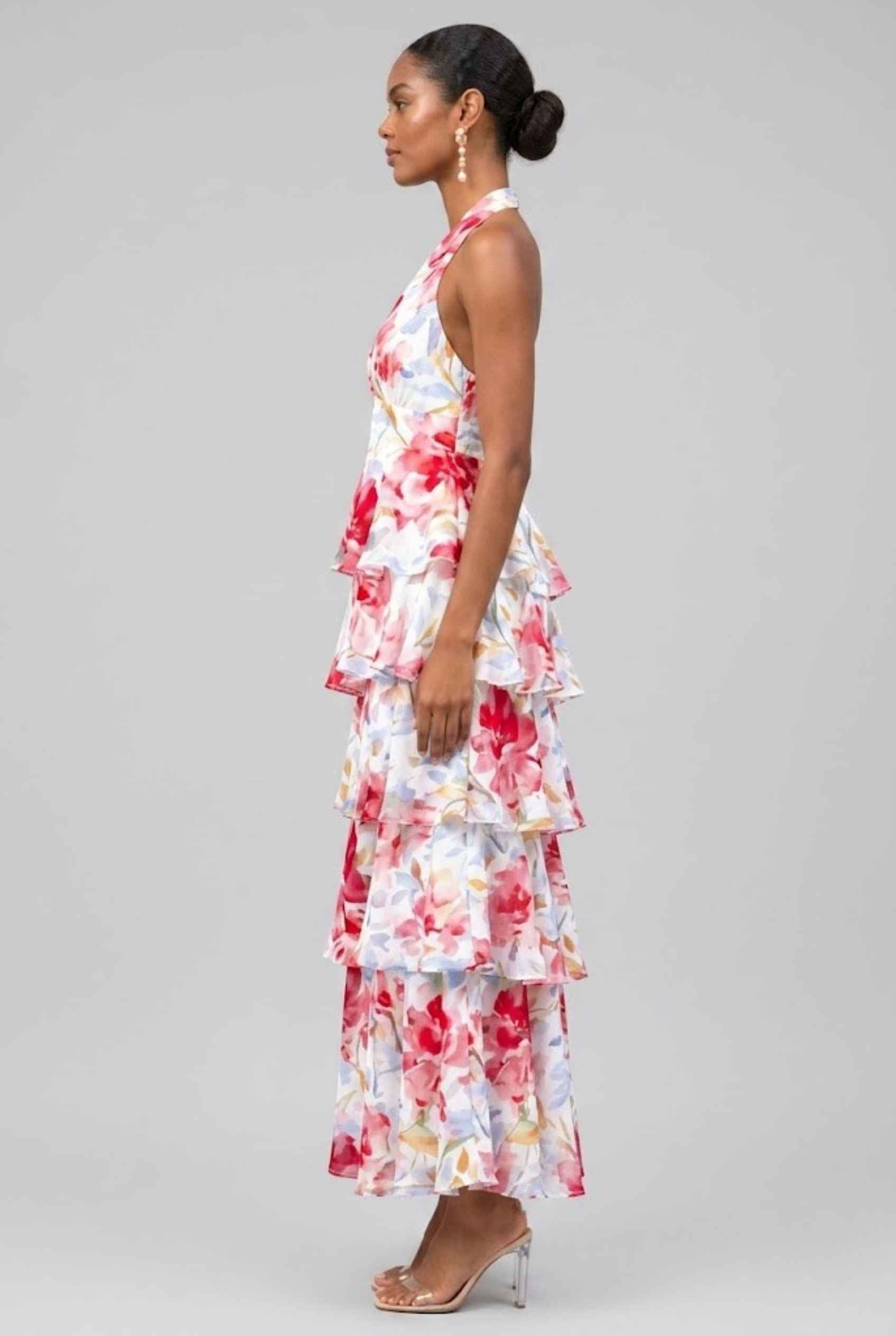 Virtual Model wearing The Anastasia Tiered Dress Halter Tie Red Chiffon Dress
