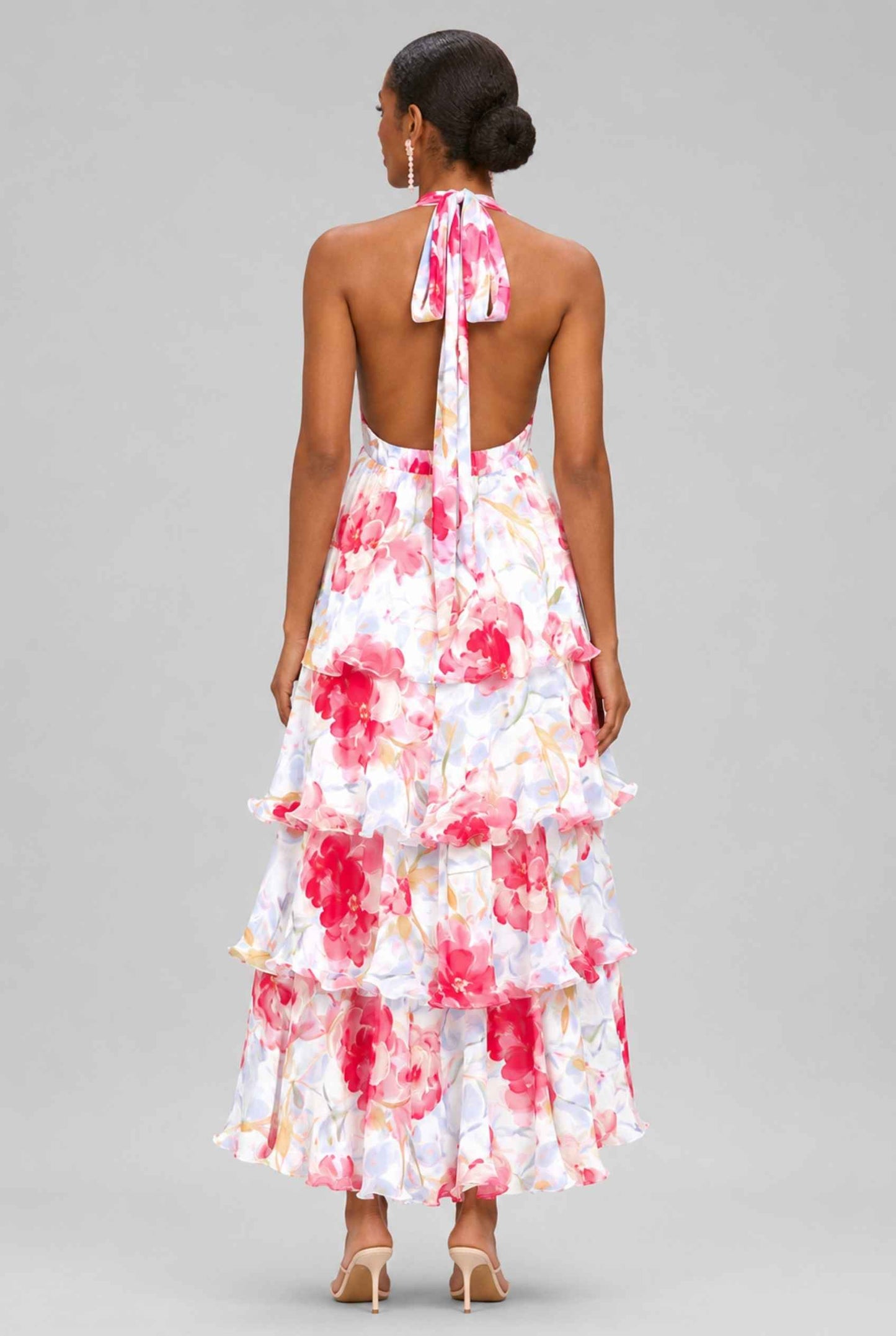 Virtual Model wearing The Anastasia Tiered Dress Halter Tie Red Chiffon Dress