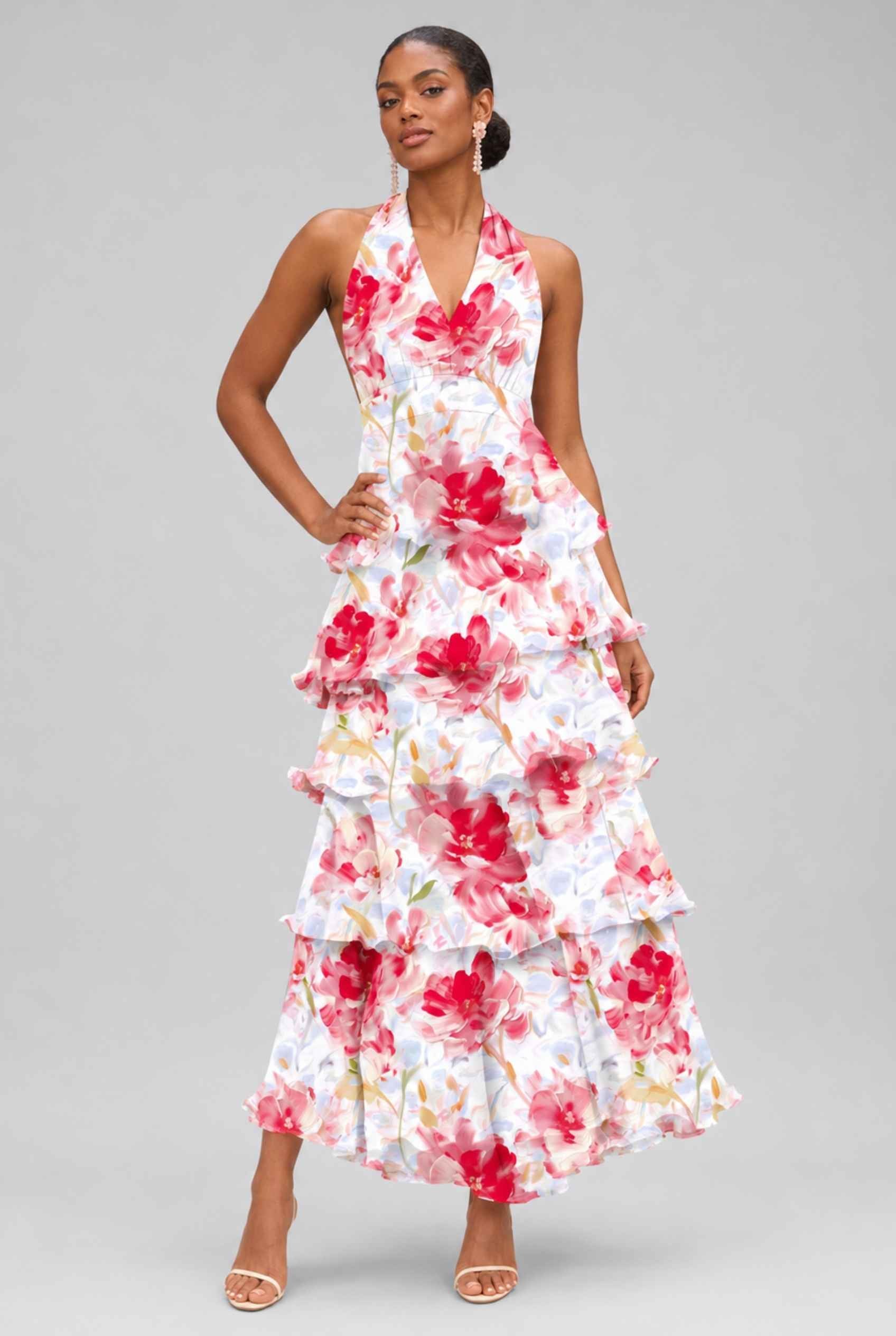 Virtual Model wearing The Anastasia Tiered Dress Halter Tie Red Chiffon Dress