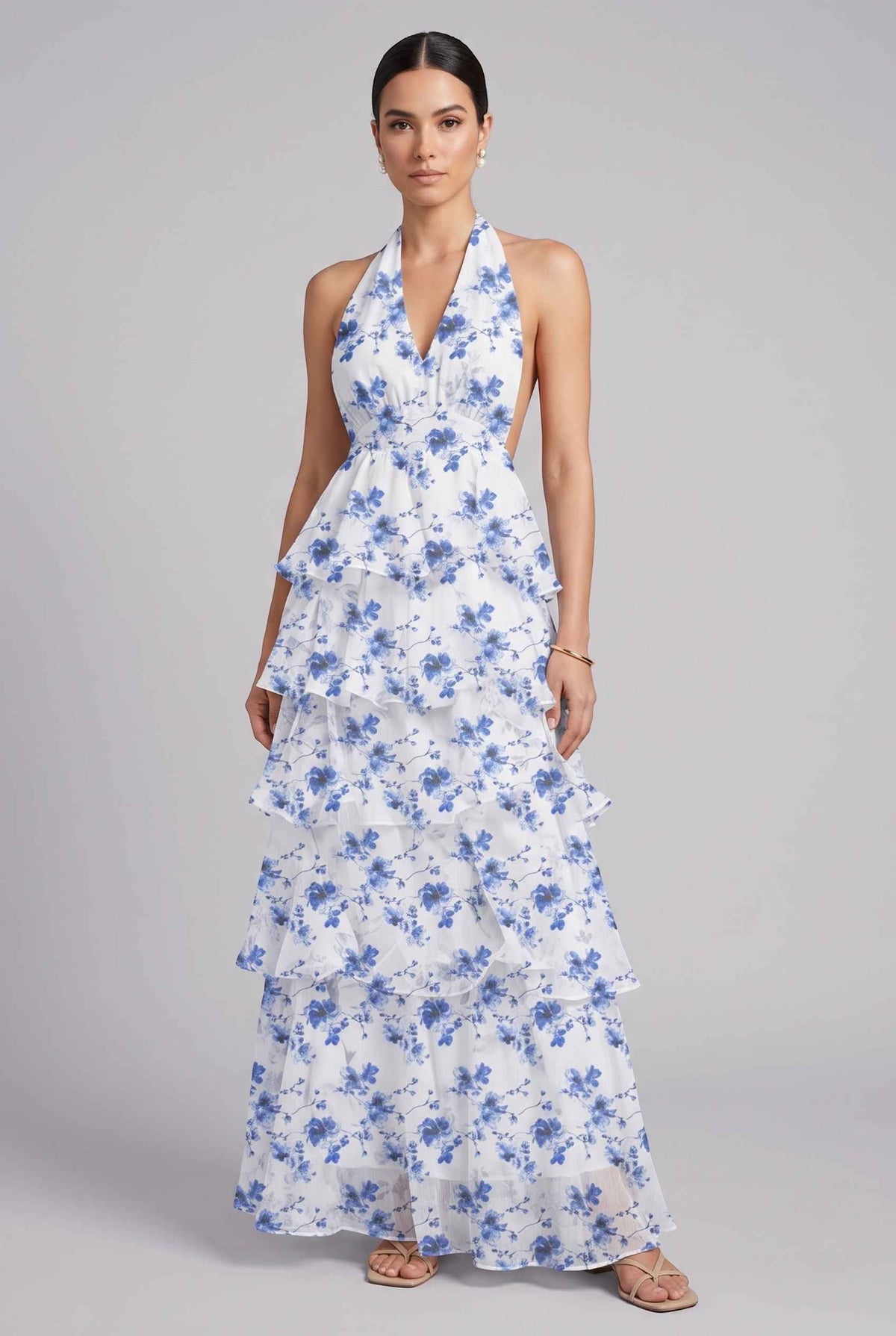 Virtual model wearing The Anastasia Tiered Dress Halter Tied Floral Chiffon Dress in Blue