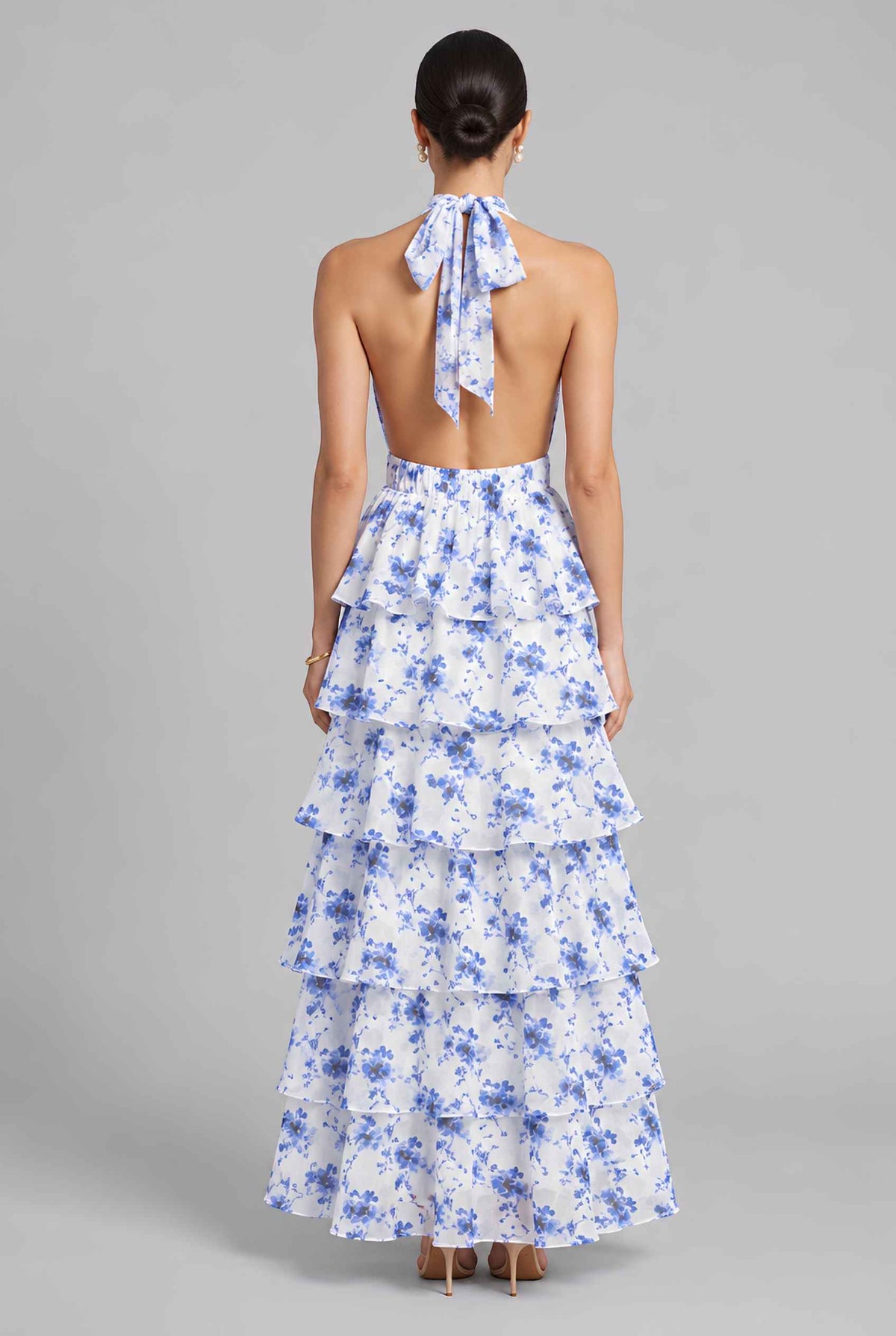 Virtual model wearing The Anastasia Tiered Dress Halter Tied Floral Chiffon Dress in Blue