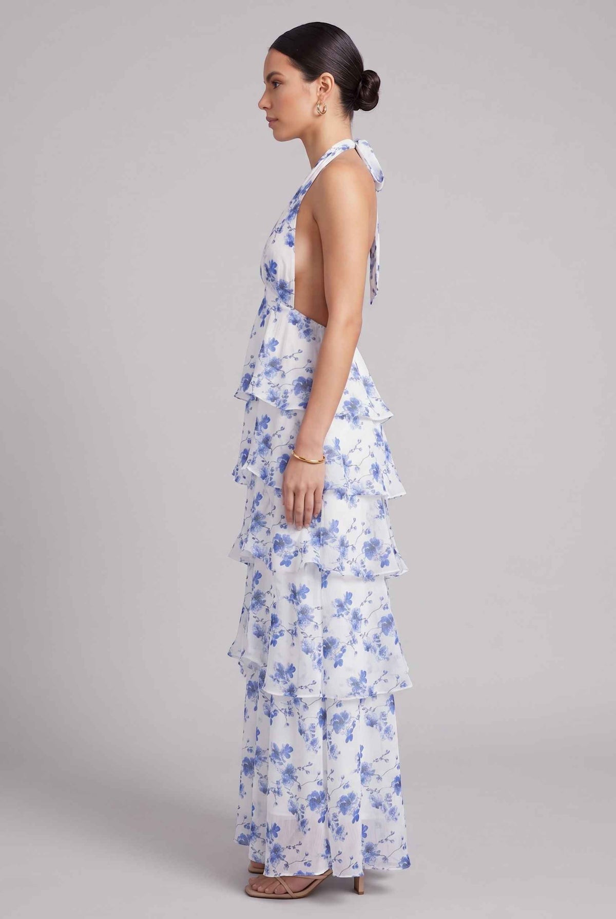 Virtual model wearing The Anastasia Tiered Dress Halter Tied Floral Chiffon Dress in Blue
