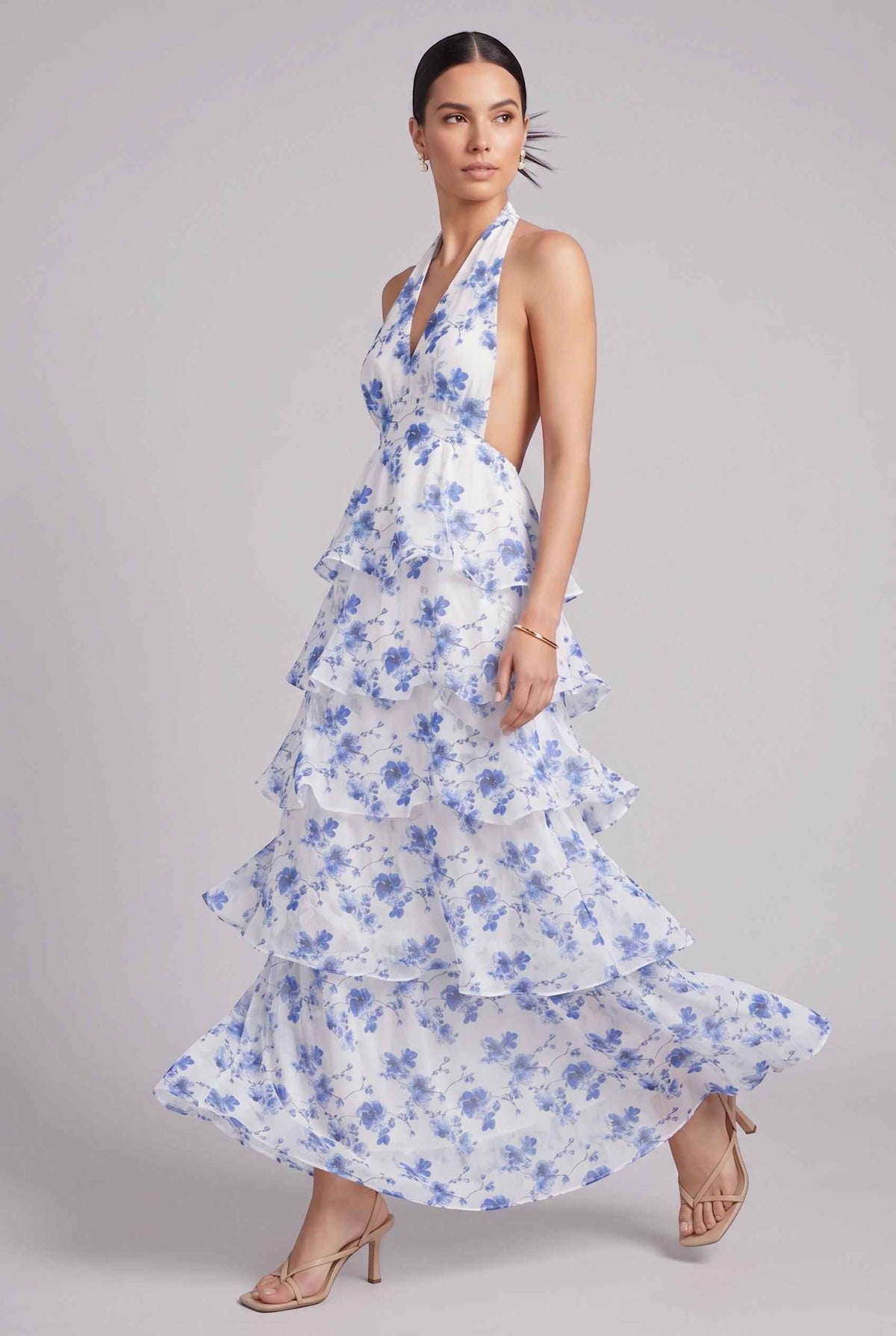 Virtual model wearing The Anastasia Tiered Dress Halter Tied Floral Chiffon Dress in Blue