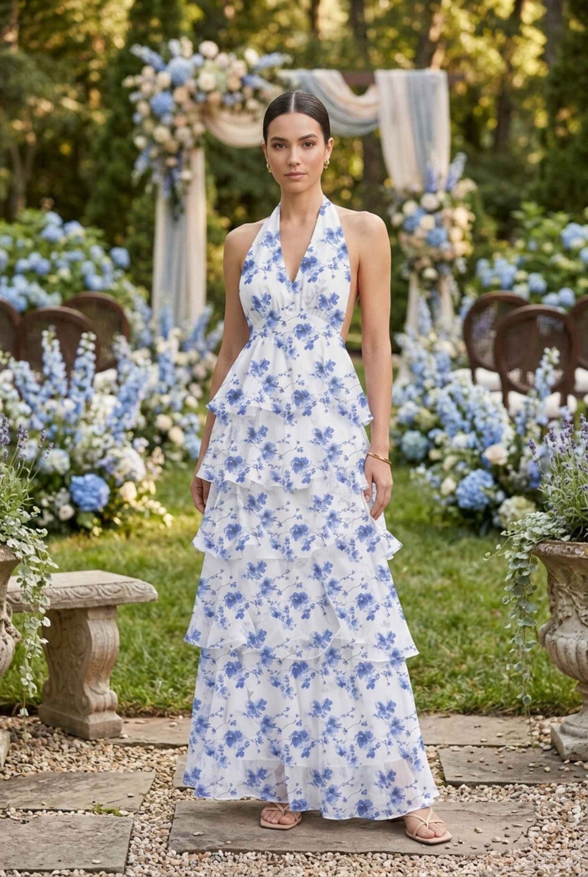 Virtual model wearing The Anastasia Tiered Dress Halter Tied Floral Chiffon Dress in Blue
