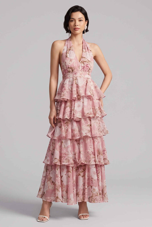 Virtual model wearing The Anastasia Tiered Dress Halter Tied Floral Chiffon Dress in Blush