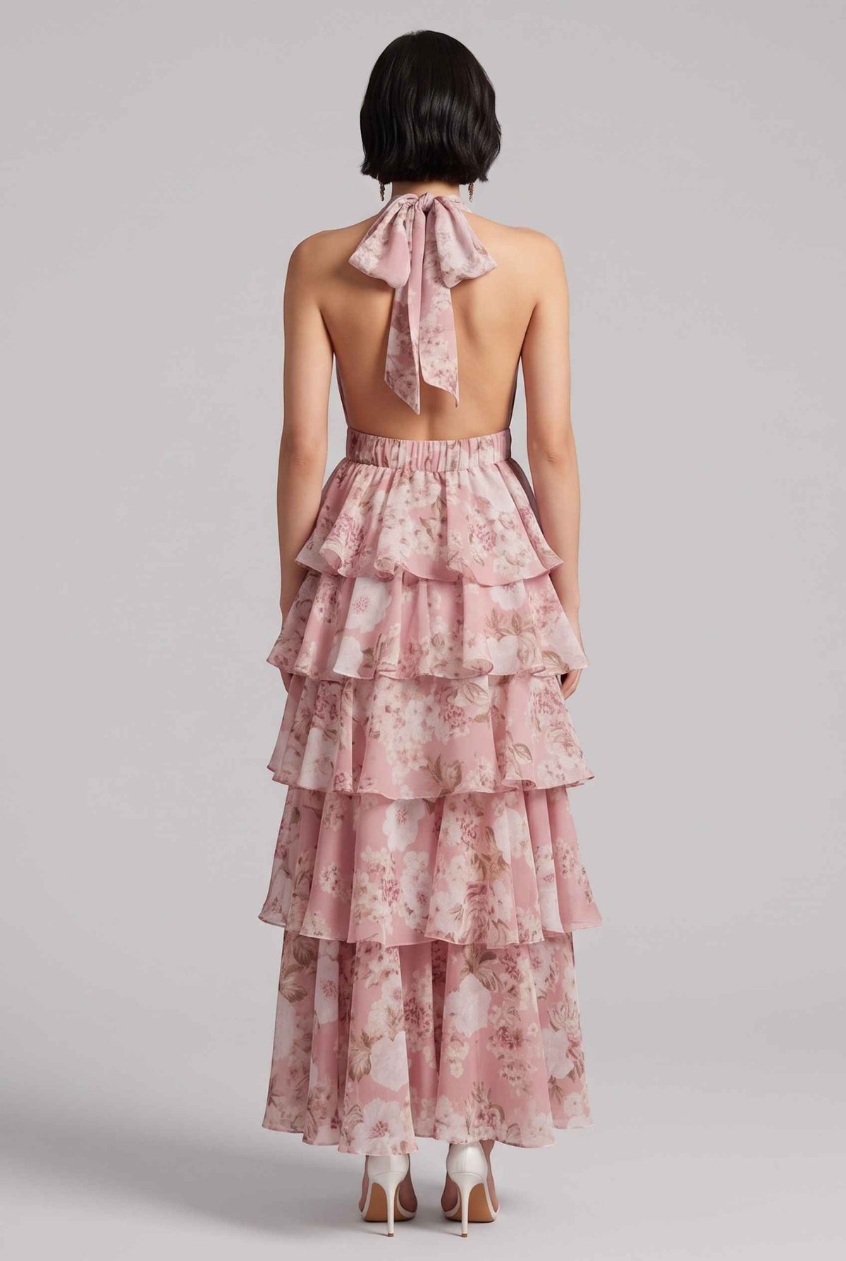 Virtual model wearing The Anastasia Tiered Dress Halter Tied Floral Chiffon Dress in Blush
