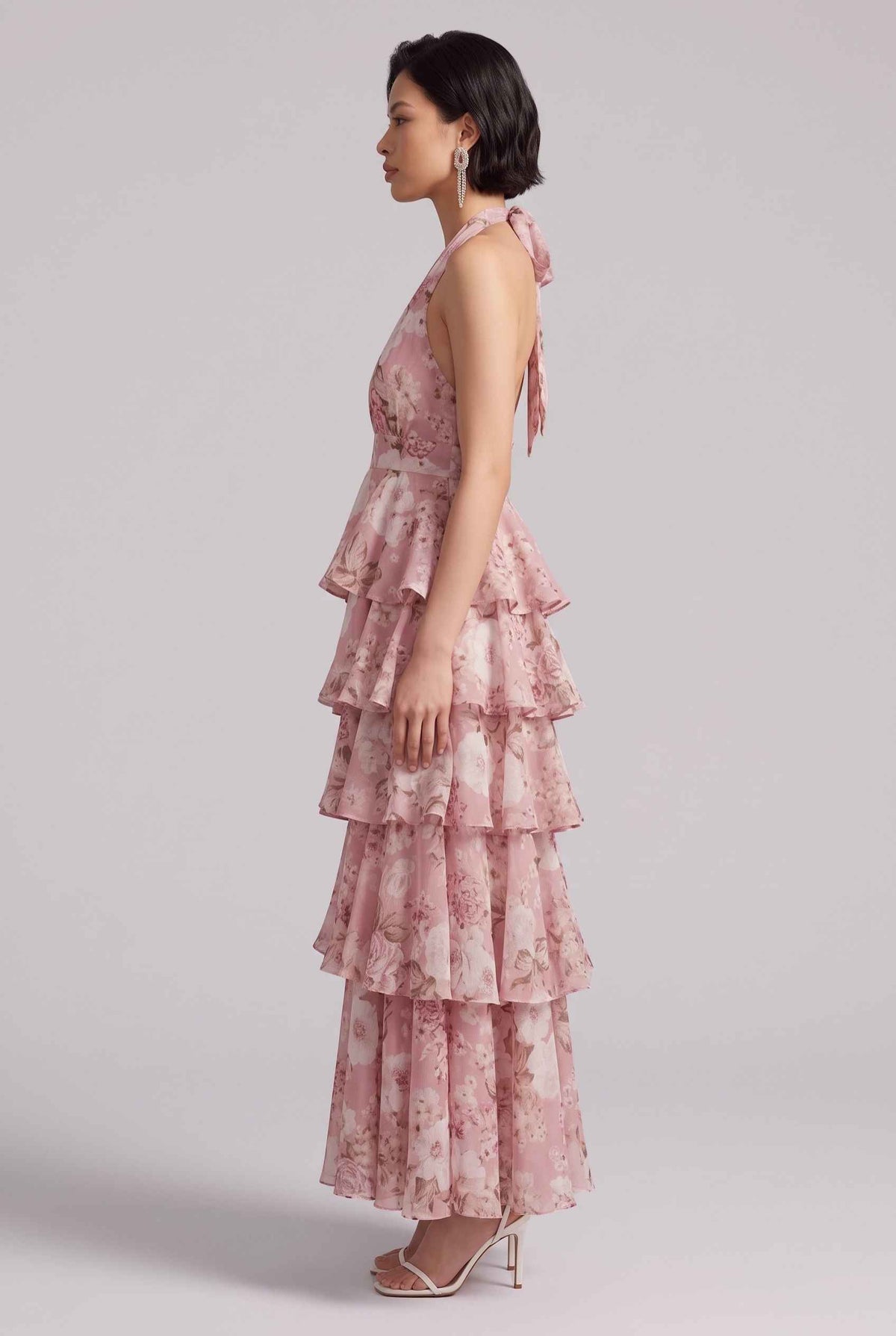 Virtual model wearing The Anastasia Tiered Dress Halter Tied Floral Chiffon Dress in Blush
