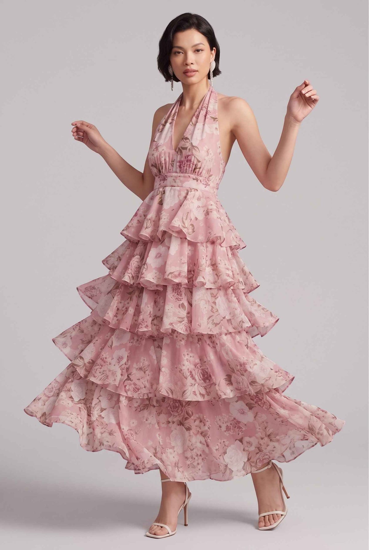 Virtual model wearing The Anastasia Tiered Dress Halter Tied Floral Chiffon Dress in Blush