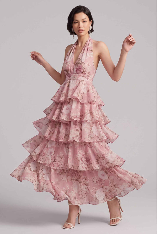 Virtual model wearing The Anastasia Tiered Dress Halter Tied Floral Chiffon Dress in Blush