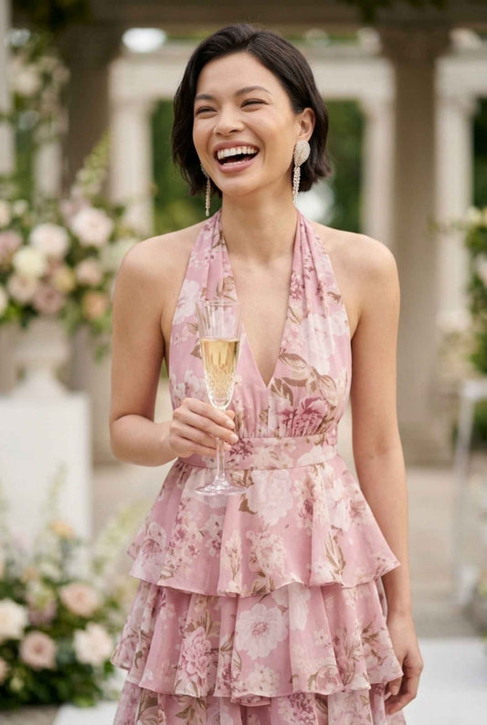 Virtual model wearing The Anastasia Tiered Dress Halter Tied Floral Chiffon Dress in Blush