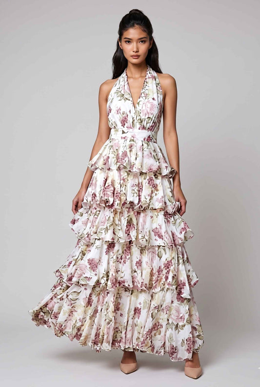Virtual model wearing The Anastasia Tiered Dress Halter Tied Floral Chiffon Dress in Mauve