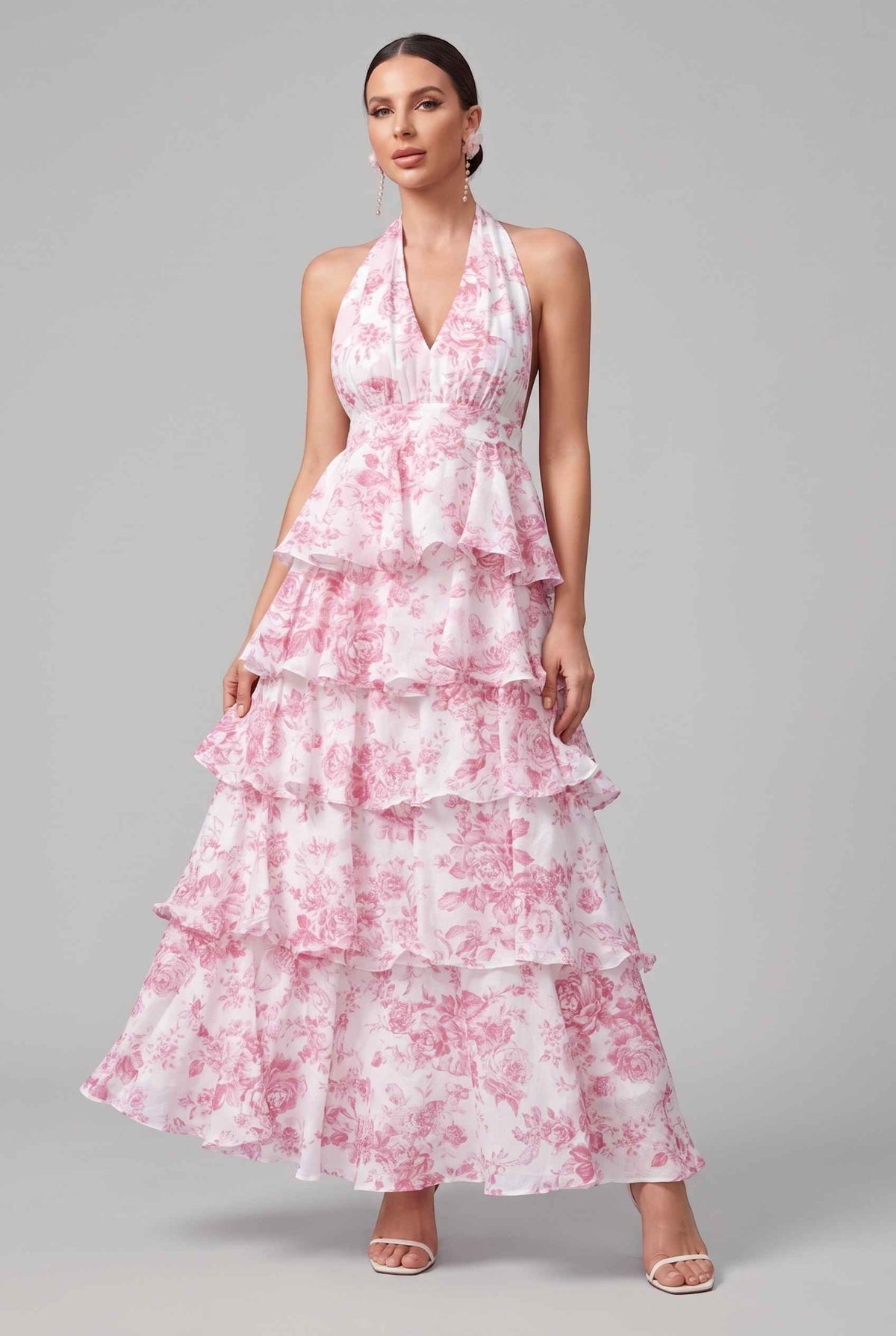 Virtual model wearing The Anastasia Tiered Dress Halter Tied Floral Chiffon Dress in Pink