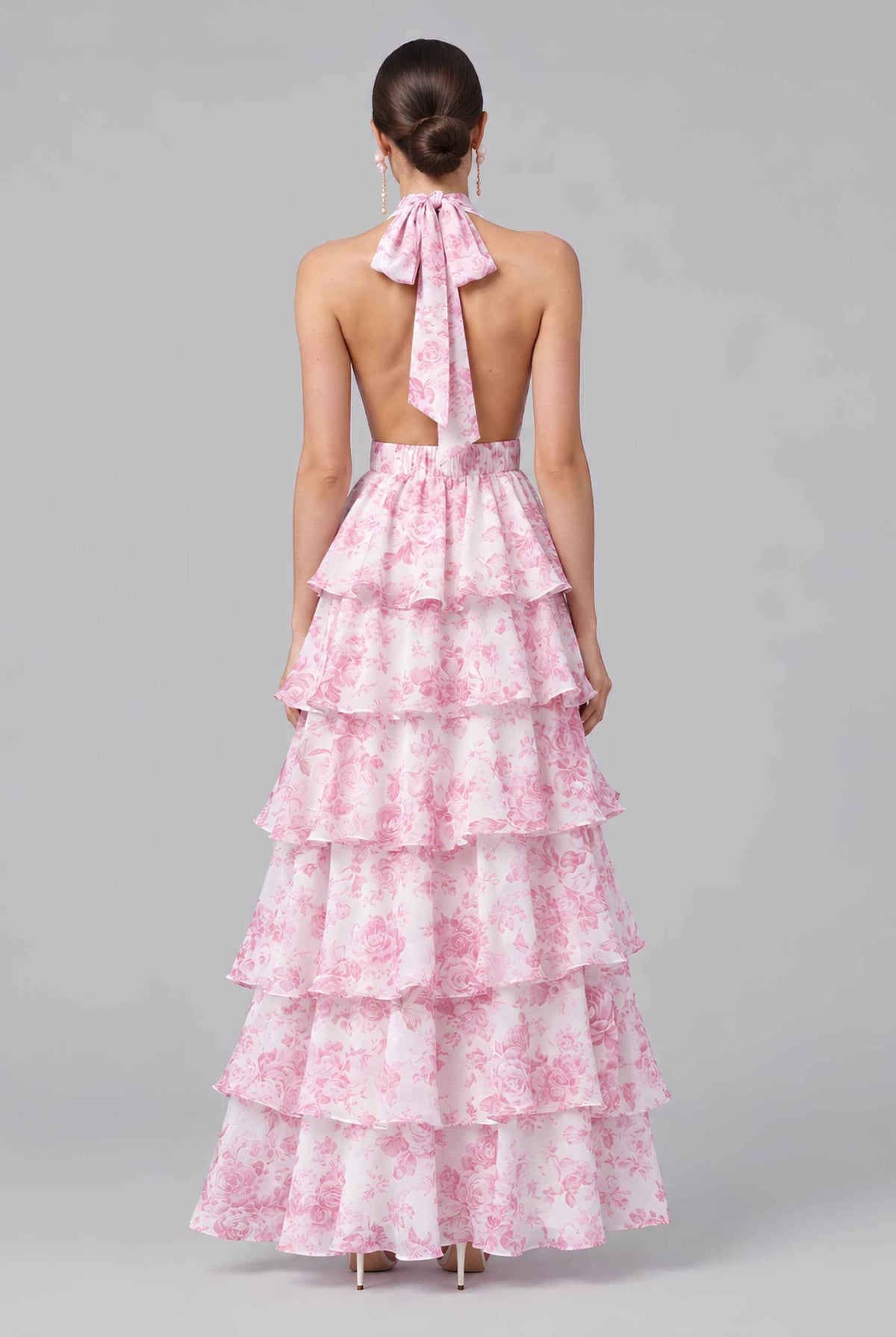 Virtual model wearing The Anastasia Tiered Dress Halter Tied Floral Chiffon Dress in Pink