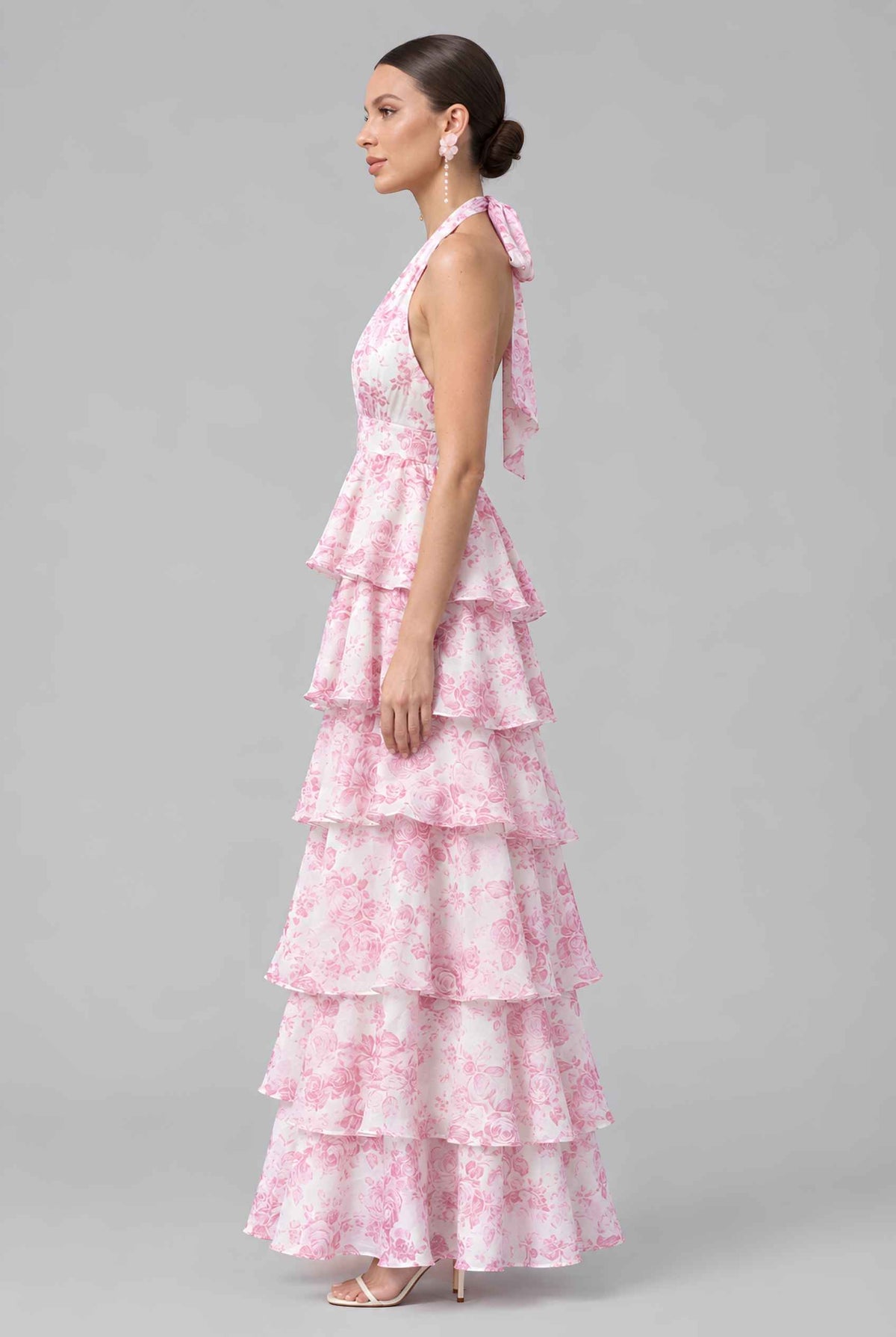 Virtual model wearing The Anastasia Tiered Dress Halter Tied Floral Chiffon Dress in Pink