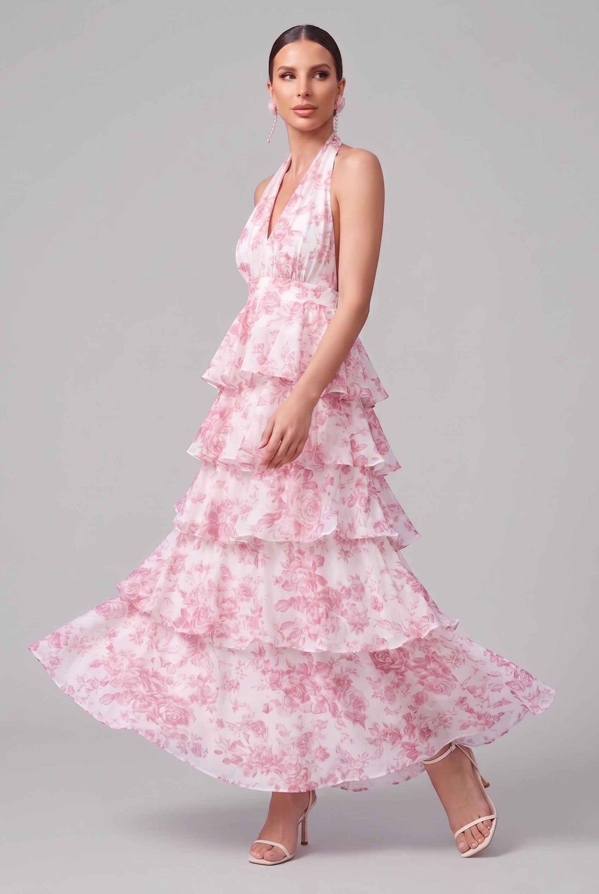 Virtual model wearing The Anastasia Tiered Dress Halter Tied Floral Chiffon Dress in Pink