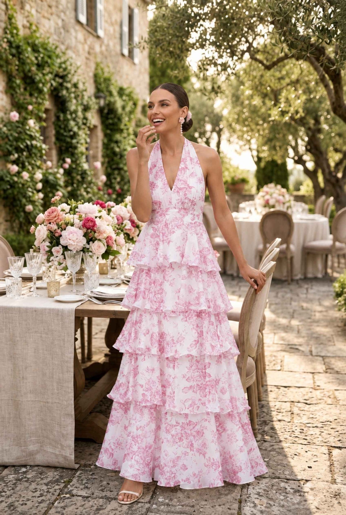 Virtual model wearing The Anastasia Tiered Dress Halter Tied Floral Chiffon Dress in Pink