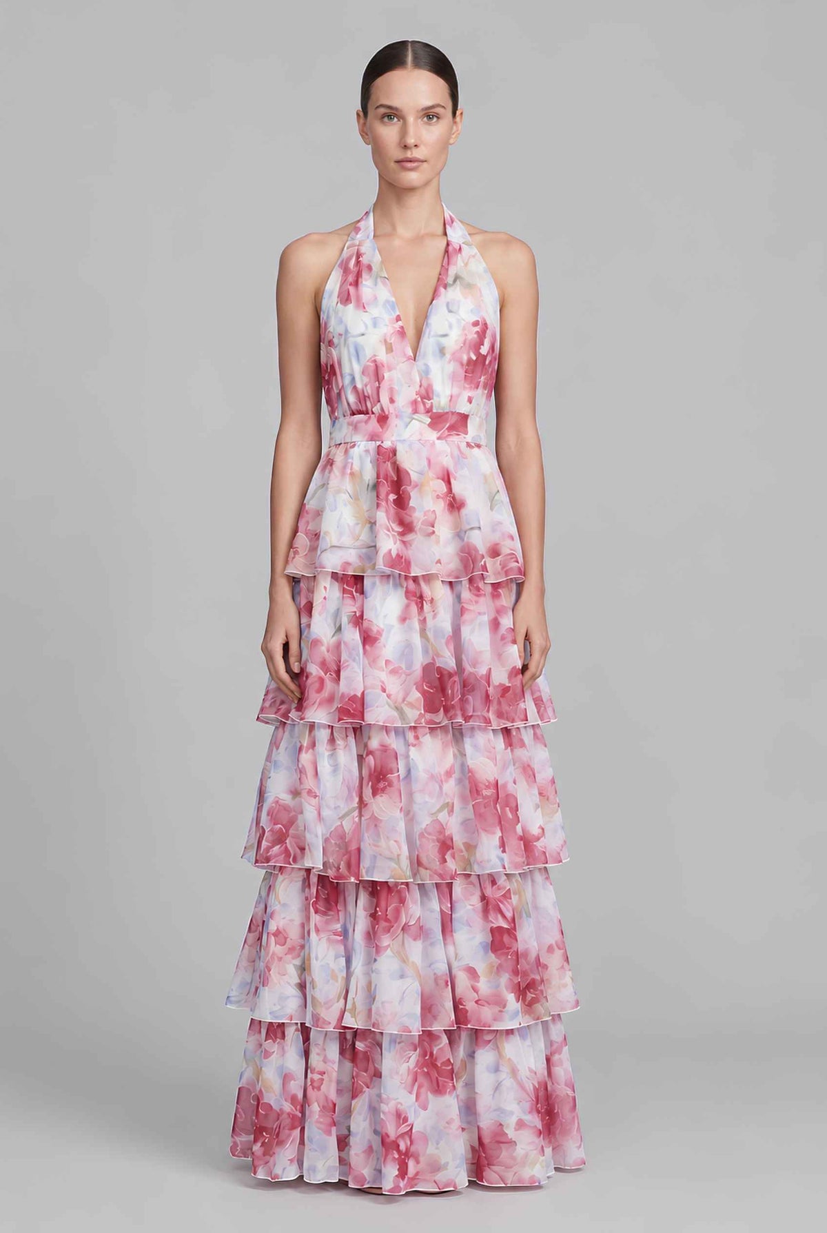 Virtual model wearing The Anastasia Tiered Dress Halter Tied Floral Chiffon Dress in berry