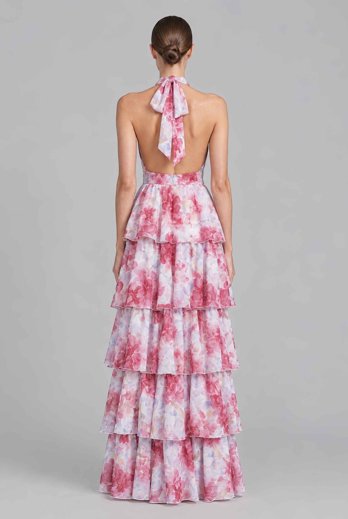 Virtual model wearing The Anastasia Tiered Dress Halter Tied Floral Chiffon Dress in berry