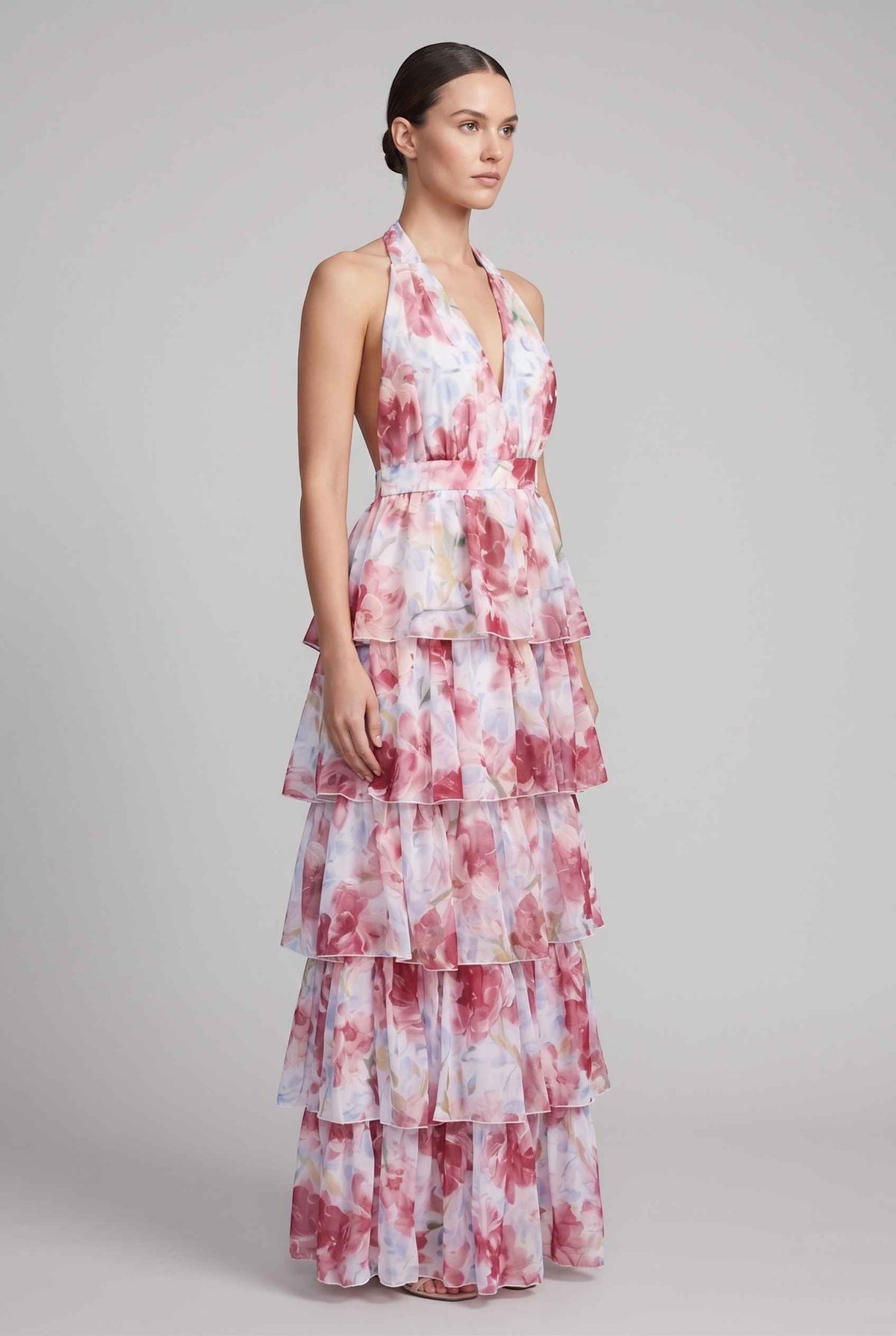 Virtual model wearing The Anastasia Tiered Dress Halter Tied Floral Chiffon Dress in berry