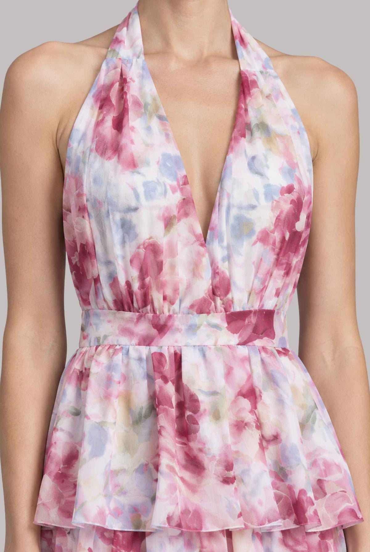 Virtual model wearing The Anastasia Tiered Dress Halter Tied Floral Chiffon Dress in berry
