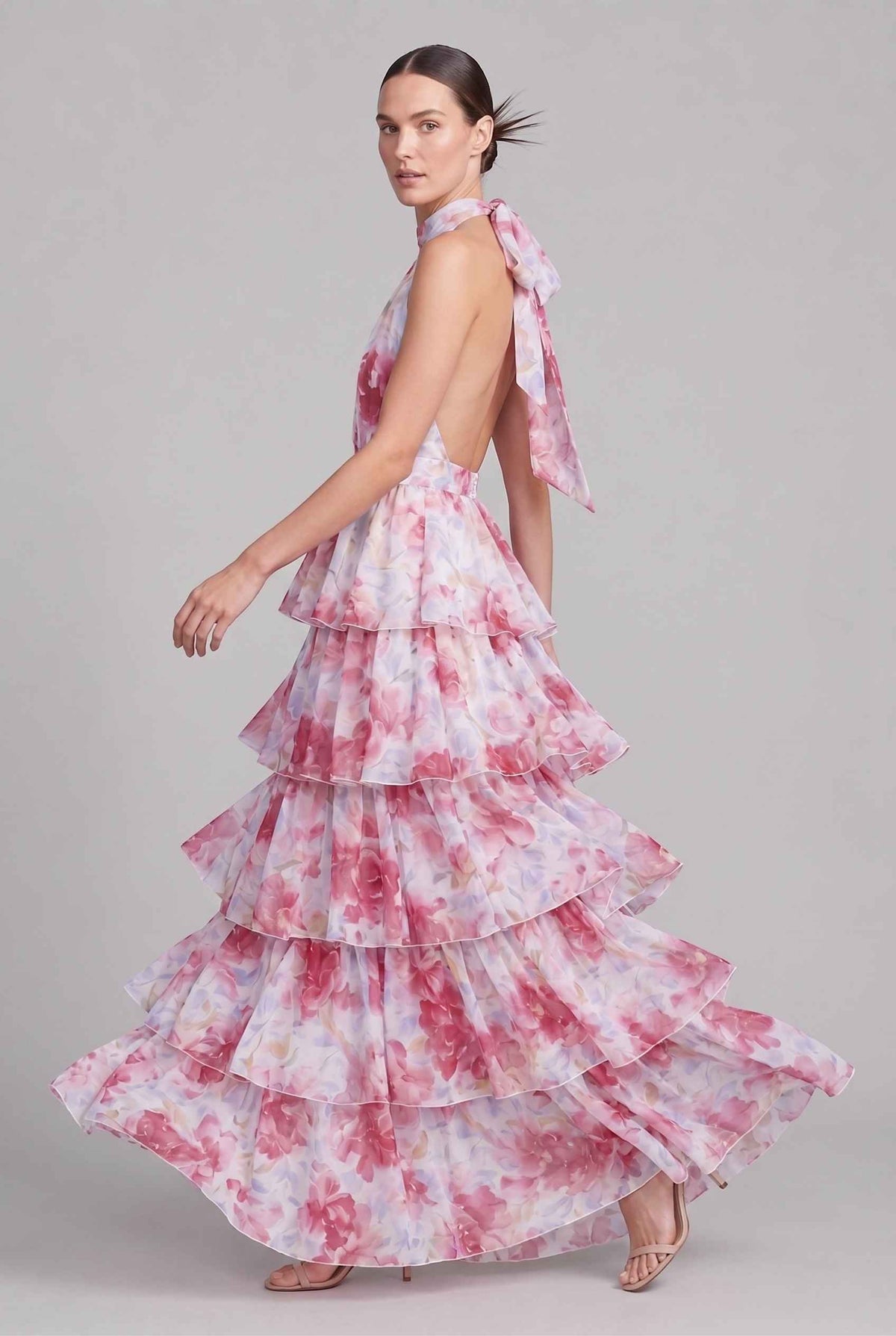 Virtual model wearing The Anastasia Tiered Dress Halter Tied Floral Chiffon Dress in berry