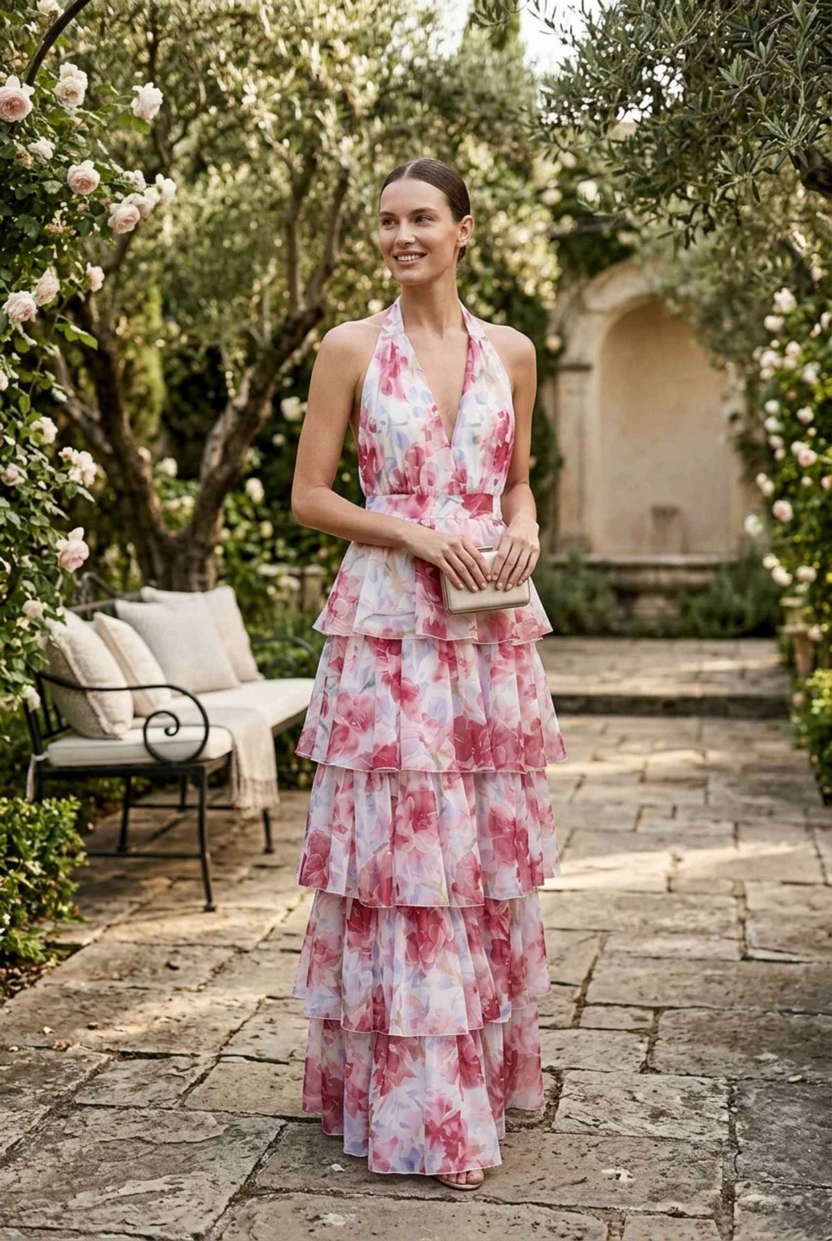 Virtual model wearing The Anastasia Tiered Dress Halter Tied Floral Chiffon Dress in berry