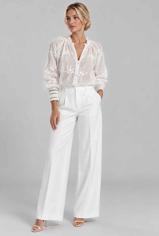 Virtual model wearing The Angelina Embroidered Blouse White Embroidered Lace Cuff Blouse