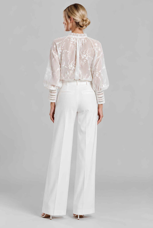 Virtual model wearing The Angelina Embroidered Blouse White Embroidered Lace Cuff Blouse