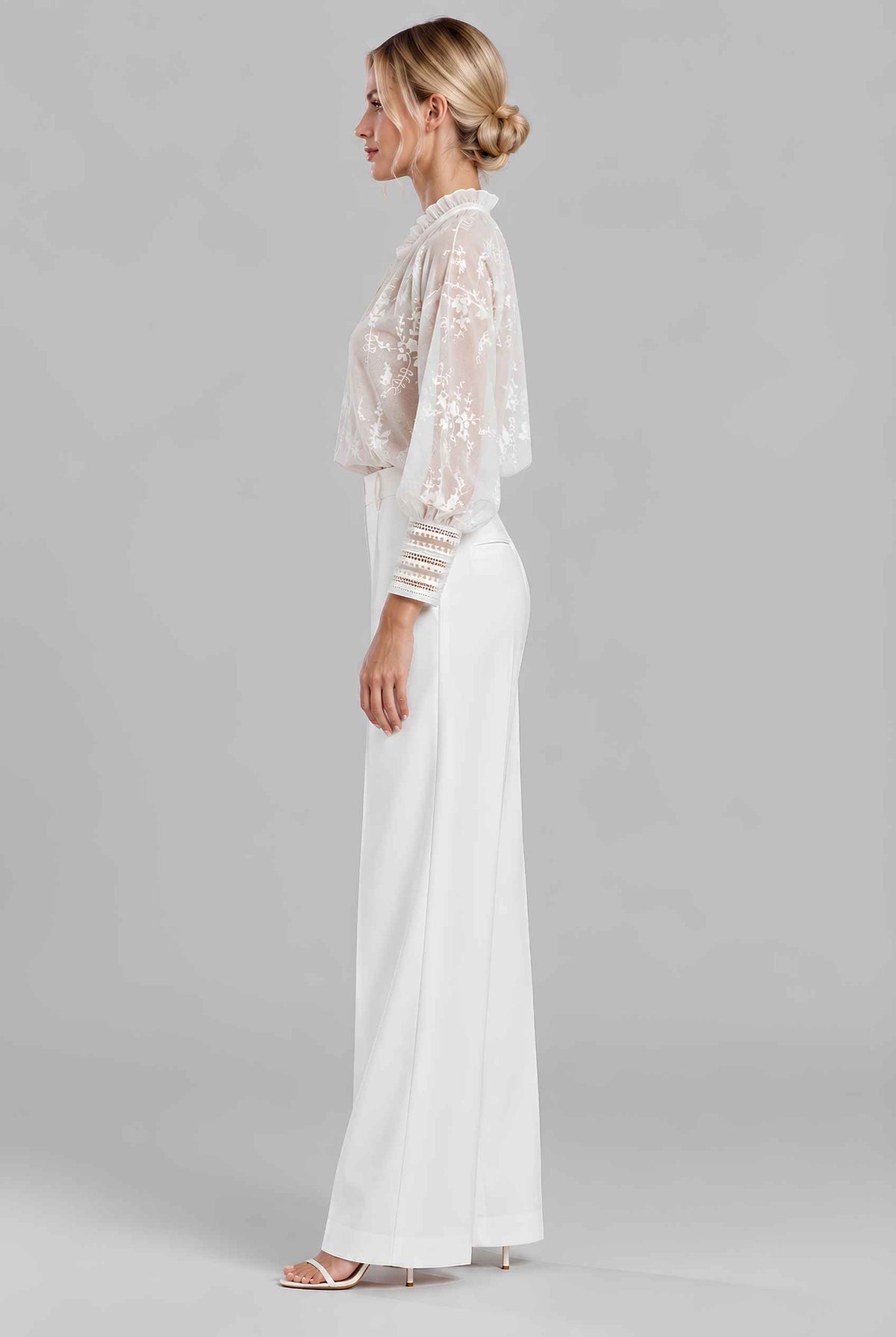 Virtual model wearing The Angelina Embroidered Blouse White Embroidered Lace Cuff Blouse