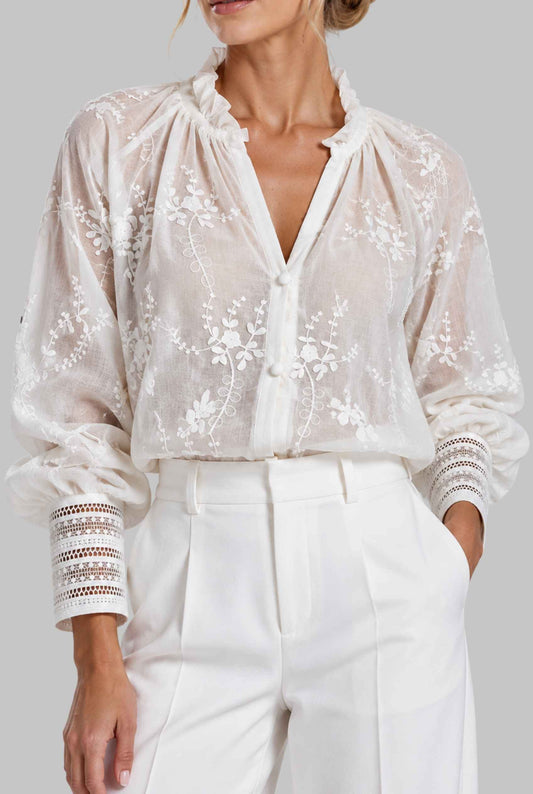 Virtual model wearing The Angelina Embroidered Blouse White Embroidered Lace Cuff Blouse