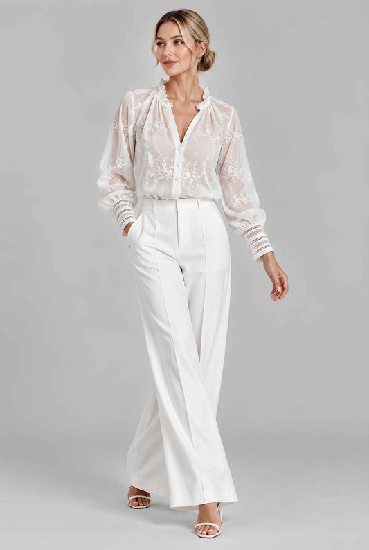 Virtual model wearing The Angelina Embroidered Blouse White Embroidered Lace Cuff Blouse