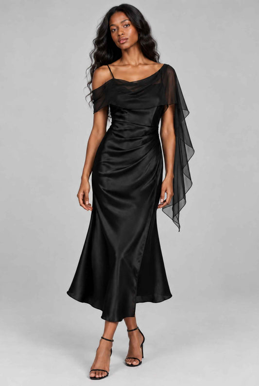 Virtual model wearing The Anya Draped Chiffon Satin Dress Draped Chiffon Scarf Satin Dress in Black