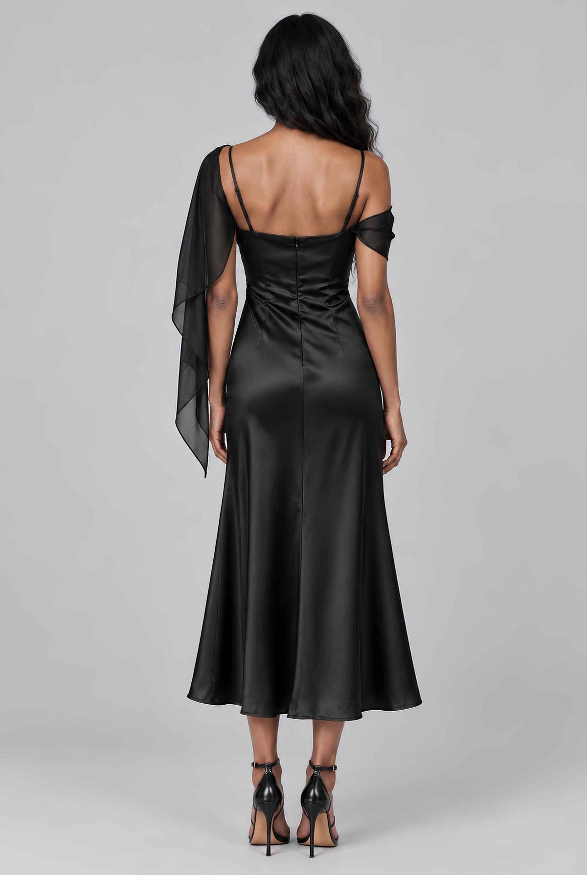 Virtual model wearing The Anya Draped Chiffon Satin Dress Draped Chiffon Scarf Satin Dress in Black