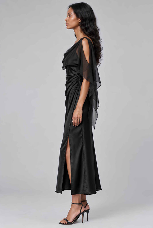 Virtual model wearing The Anya Draped Chiffon Satin Dress Draped Chiffon Scarf Satin Dress in Black