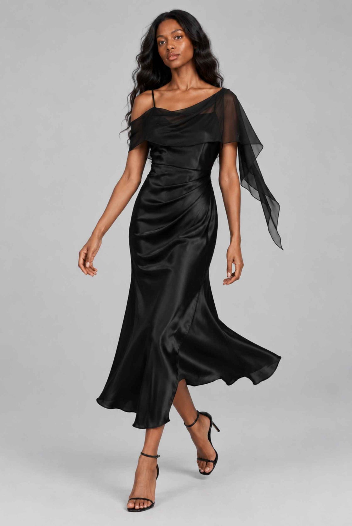 Virtual model wearing The Anya Draped Chiffon Satin Dress Draped Chiffon Scarf Satin Dress in Black