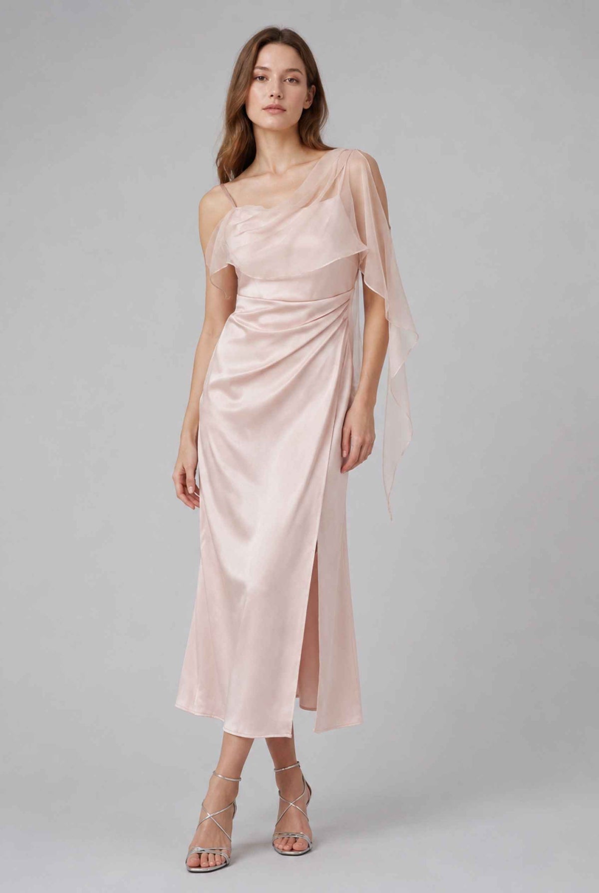 Virtual model wearing The Anya Draped Chiffon Satin Dress Draped Chiffon Scarf Satin Dress in Blush