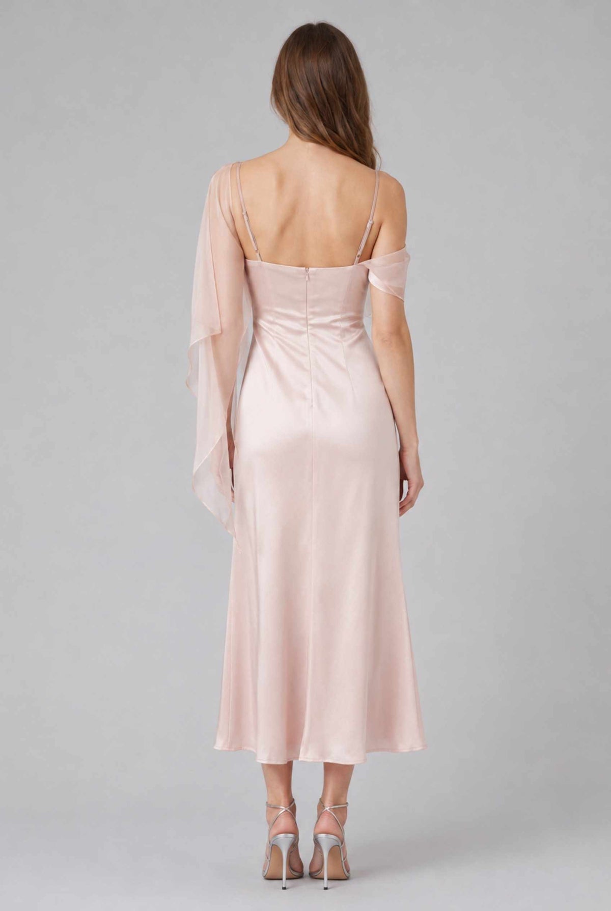 Virtual model wearing The Anya Draped Chiffon Satin Dress Draped Chiffon Scarf Satin Dress in Blush