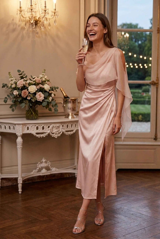 Virtual model wearing The Anya Draped Chiffon Satin Dress Draped Chiffon Scarf Satin Dress in Blush
