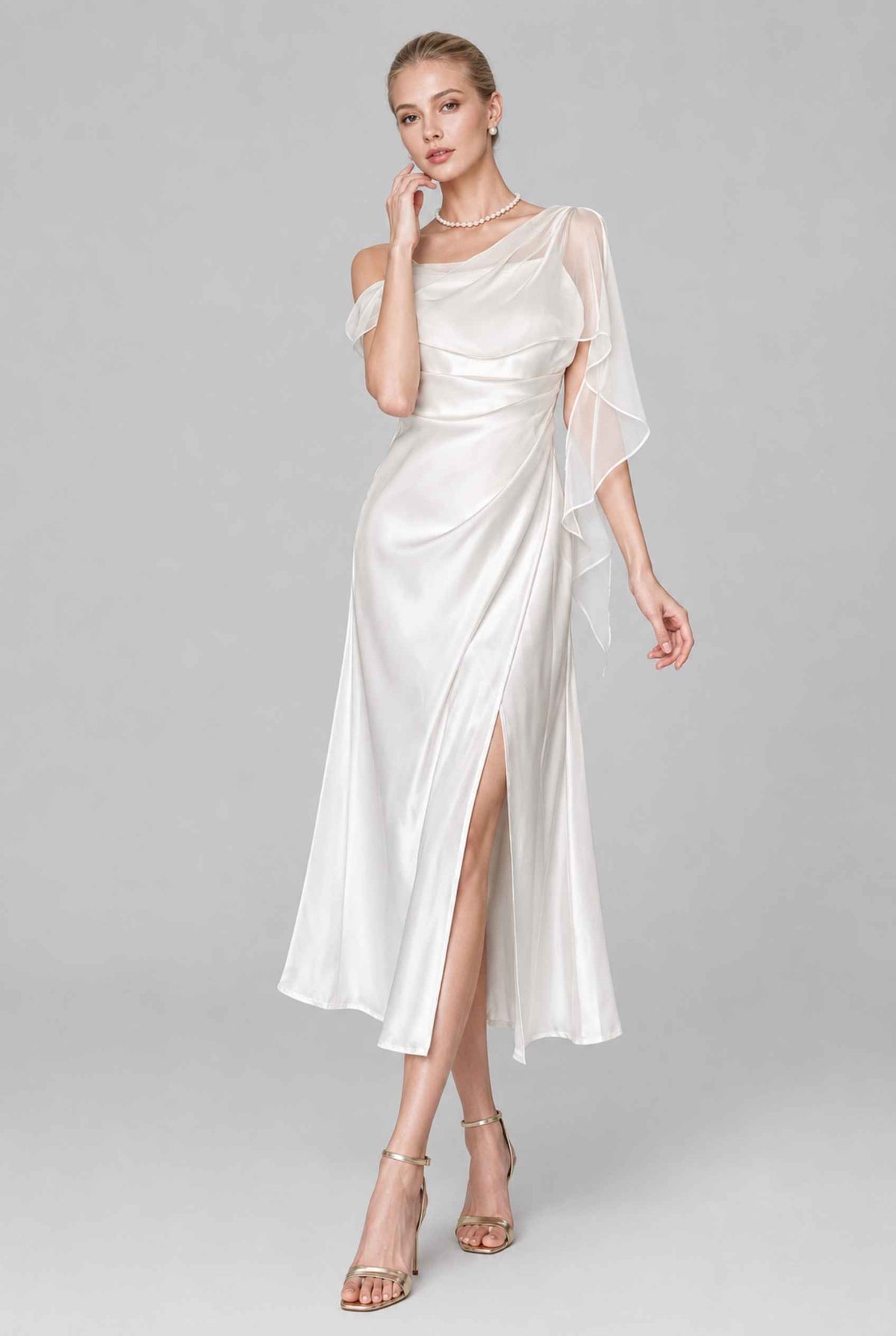 Virtual model wearing The Anya Draped Chiffon Satin Dress Draped Chiffon Scarf Satin Dress in Ivory