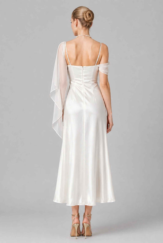 Virtual model wearing The Anya Draped Chiffon Satin Dress Draped Chiffon Scarf Satin Dress in Ivory