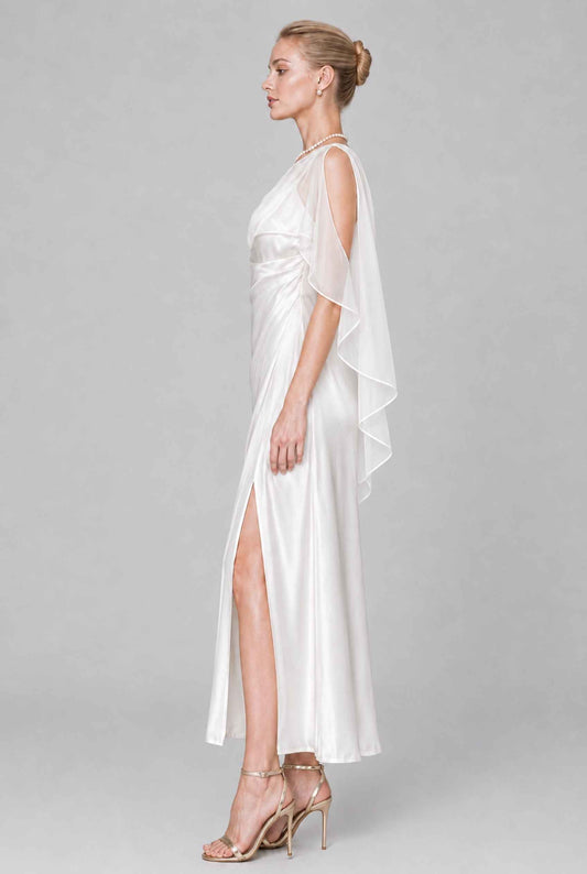 Virtual model wearing The Anya Draped Chiffon Satin Dress Draped Chiffon Scarf Satin Dress in Ivory