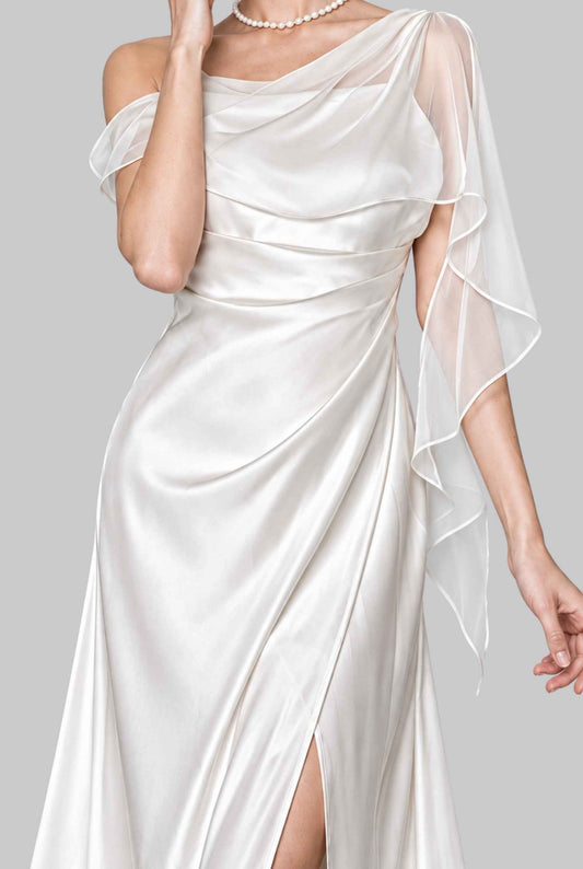 Virtual model wearing The Anya Draped Chiffon Satin Dress Draped Chiffon Scarf Satin Dress in Ivory