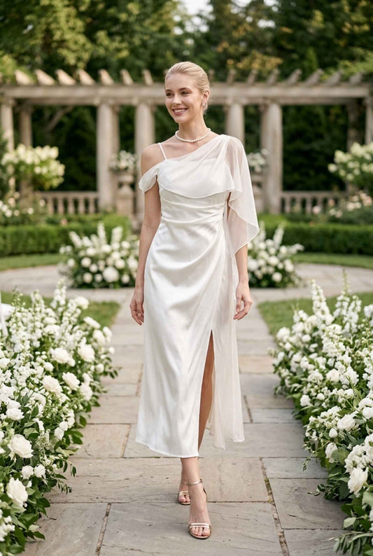 Virtual model wearing The Anya Draped Chiffon Satin Dress Draped Chiffon Scarf Satin Dress in Ivory