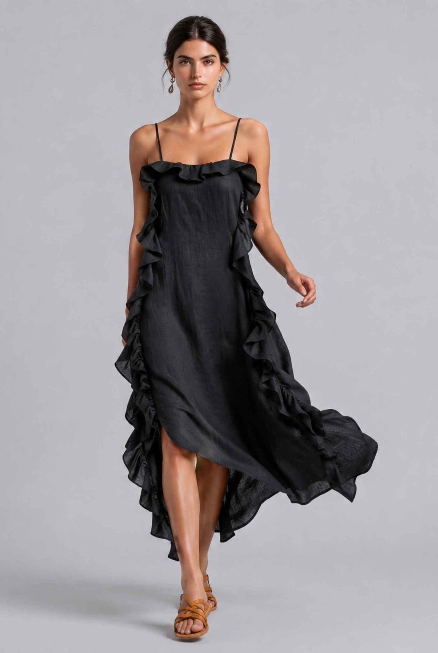 Virtual Model wearing The Anya Ruffle Trim Maxi Asymmetrical Black Maxi Dress