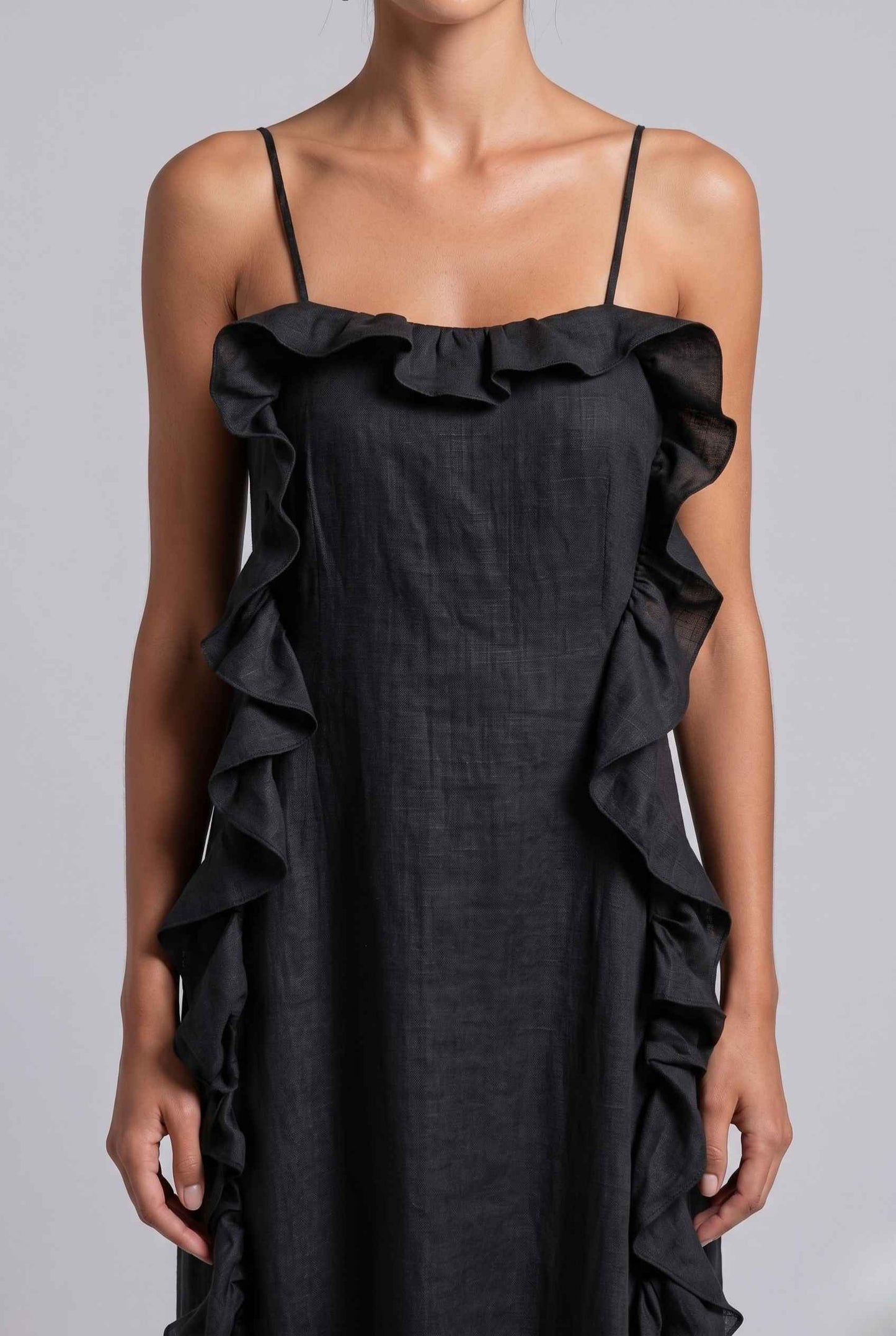 Virtual Model wearing The Anya Ruffle Trim Maxi Asymmetrical Black Maxi Dress