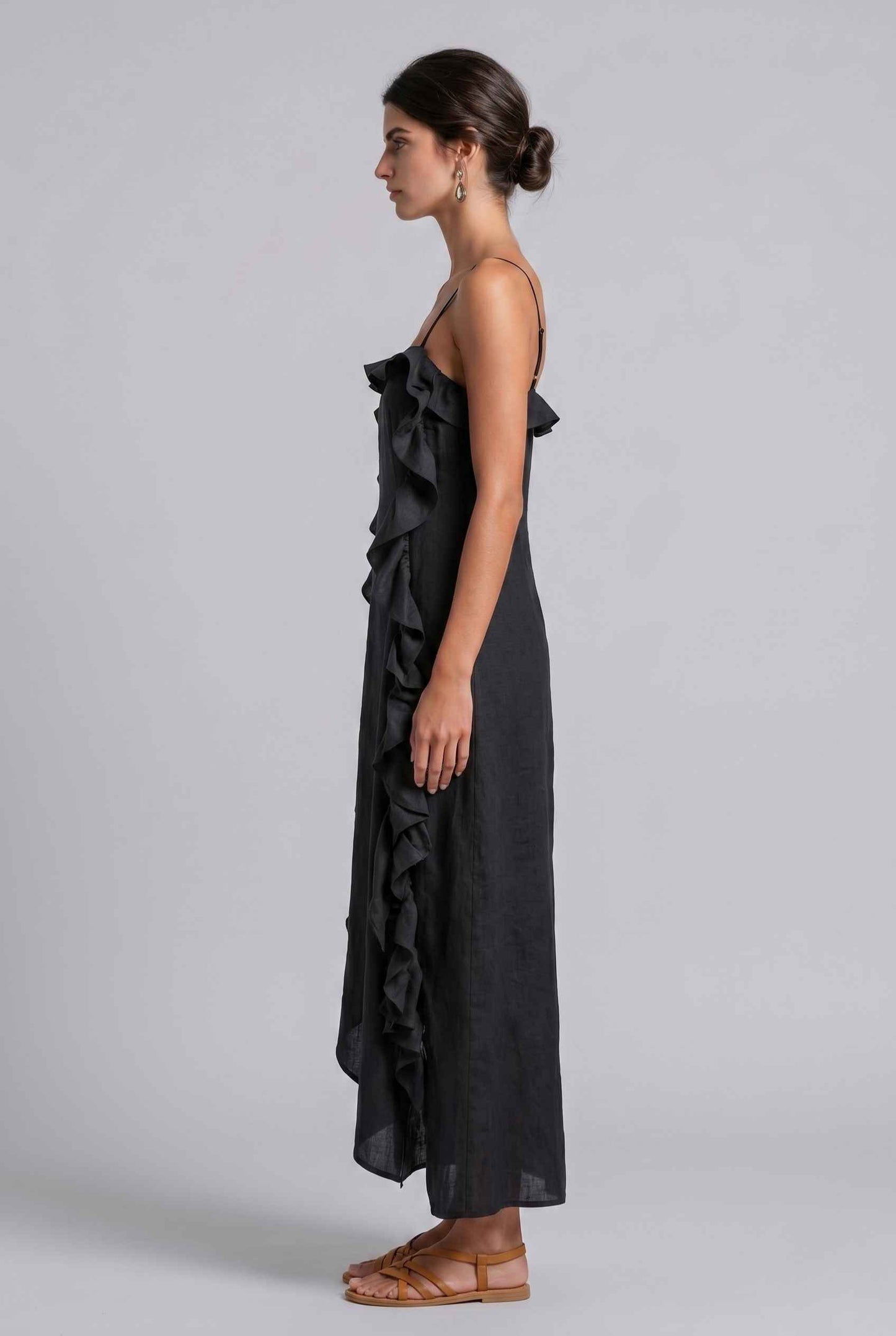 Virtual Model wearing The Anya Ruffle Trim Maxi Asymmetrical Black Maxi Dress